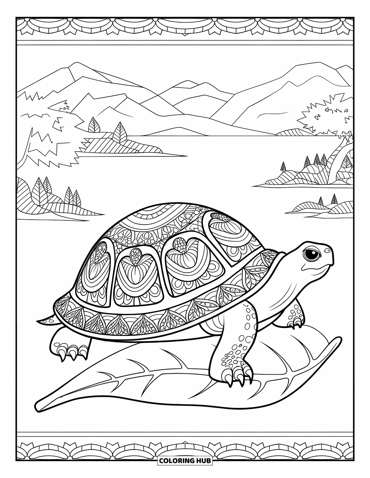 Kolorowanka z żółwiem dla dorosłych: Żółw ze skorupą w stylu mandali siedzi na liściu w spokojnym górskim krajobrazie