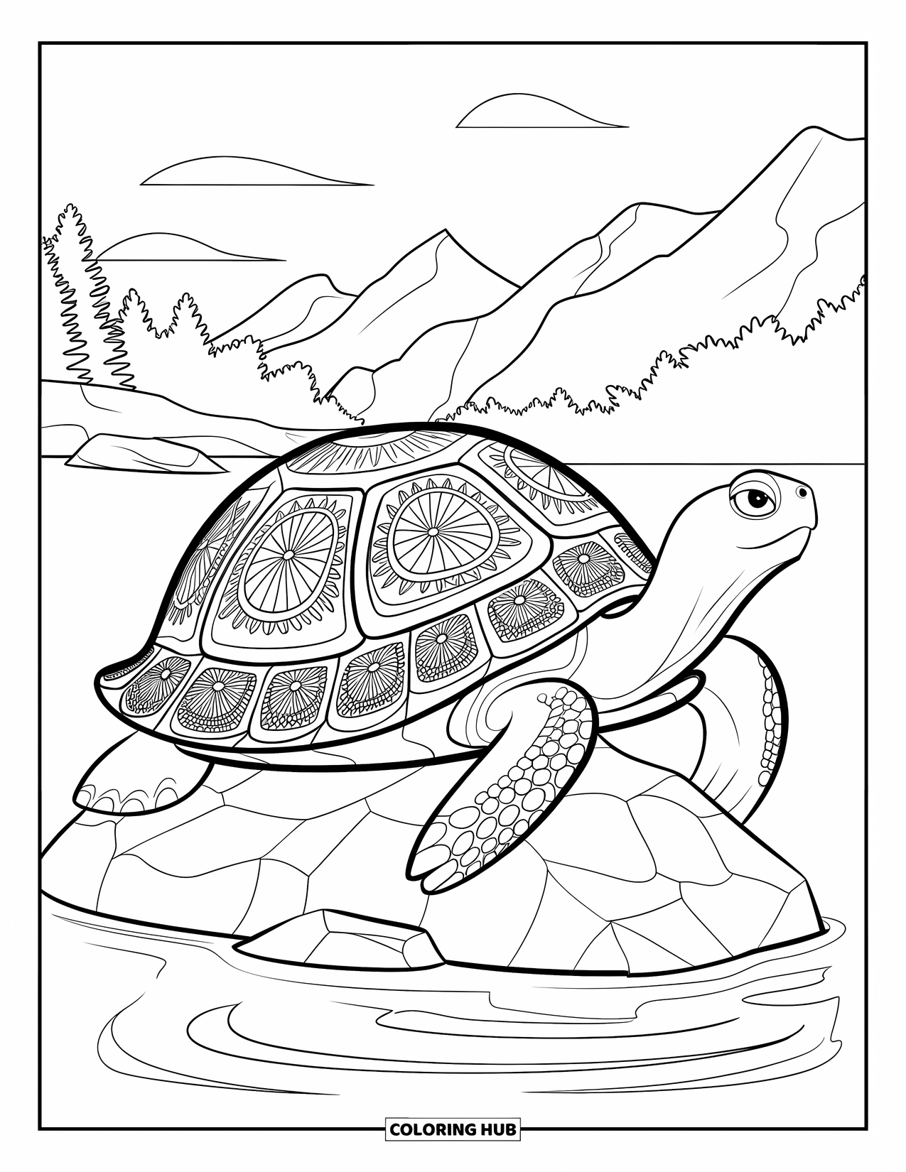 Kolorowanka z żółwiem dla dorosłych: Żółw z wzorzystą skorupą siedzi w spokojnym zbiorniku wodnym, otoczony przyrodą