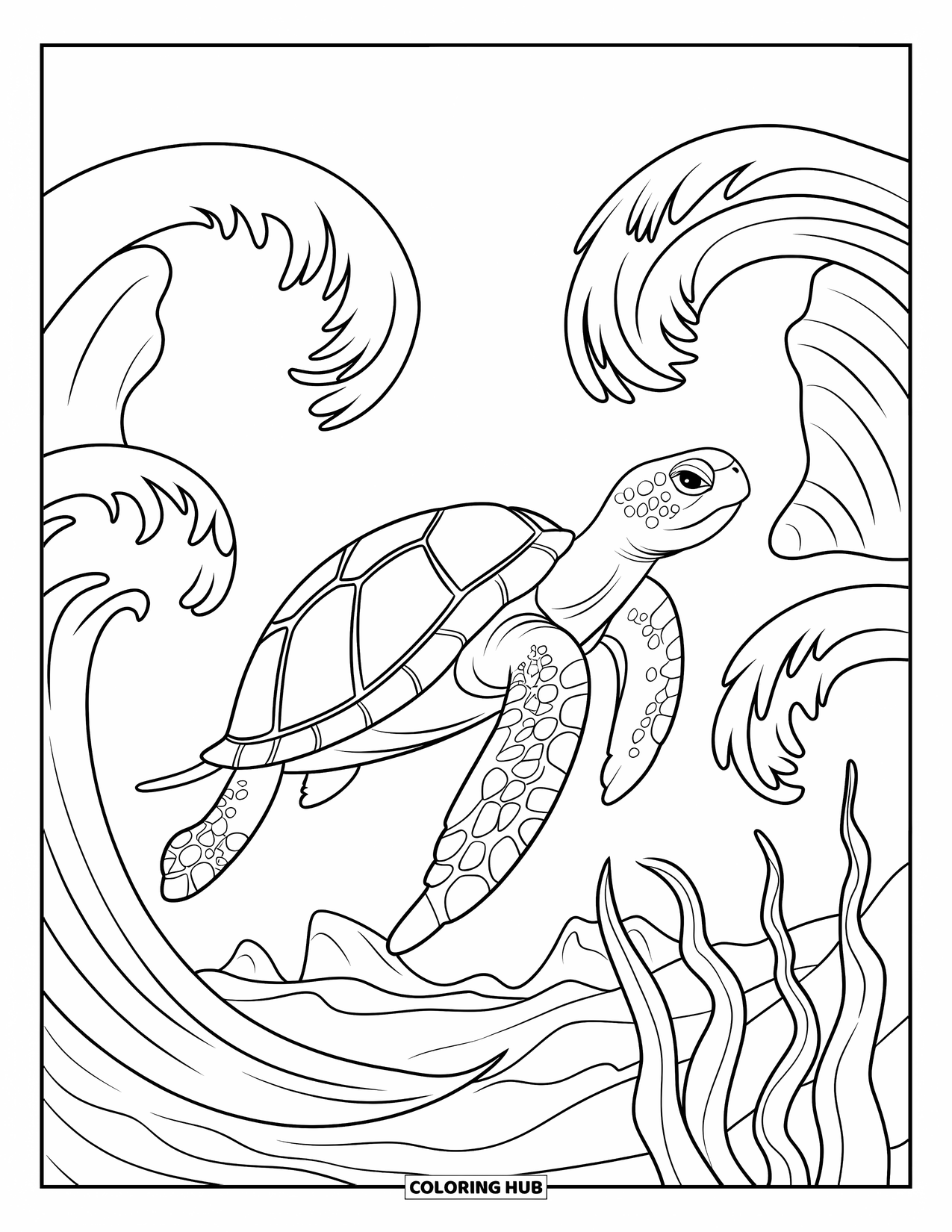 Kolorowanka z żółwiem dla dorosłych: Żółw ze spokojnym wyrazem twarzy siedzi na skale w oceanie płynących fal