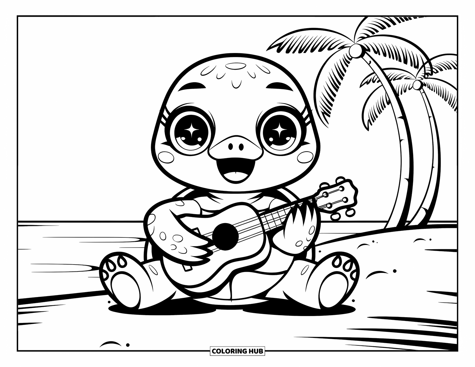 Kolorowanka z żółwiem dla dorosłych: Żółw z błyszczącymi oczami gra na ukulele pod kołyszącymi się palmami