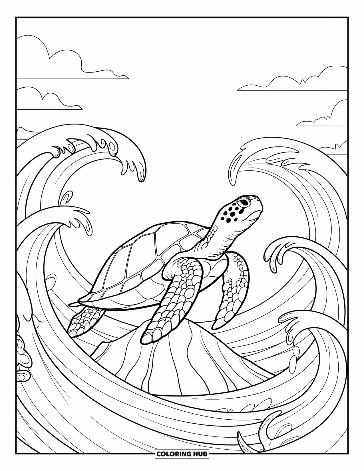 Kolorowanka z żółwiem dla dorosłych: Mądry żółw unosi się wśród płynących fal i zakrzywionych wodorostów w spokojnym morzu