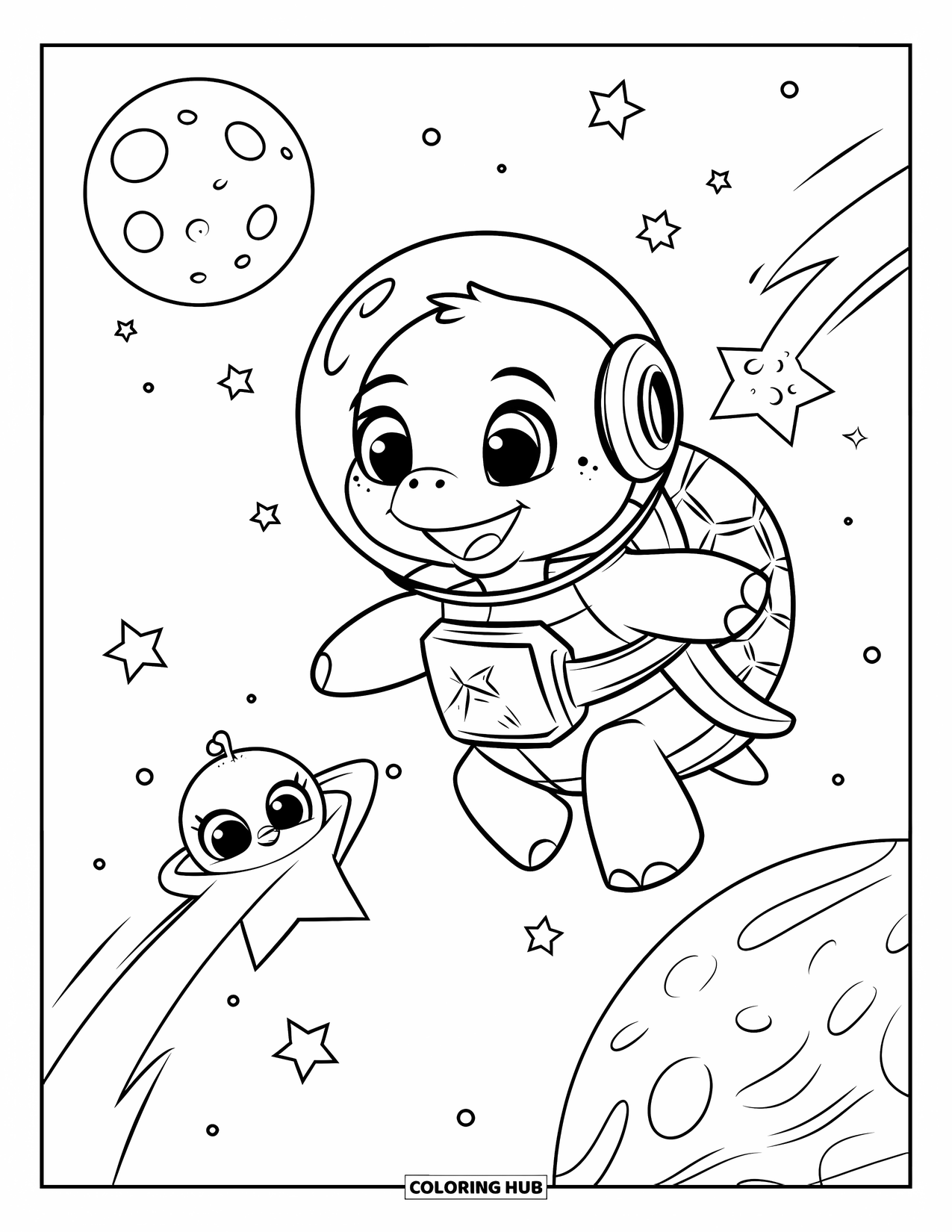 Kolorowanka z żółwiem dla dorosłych: Żółw-astronauta unosi się w kosmosie, otoczony gwiazdami, planetami i małym kosmitą