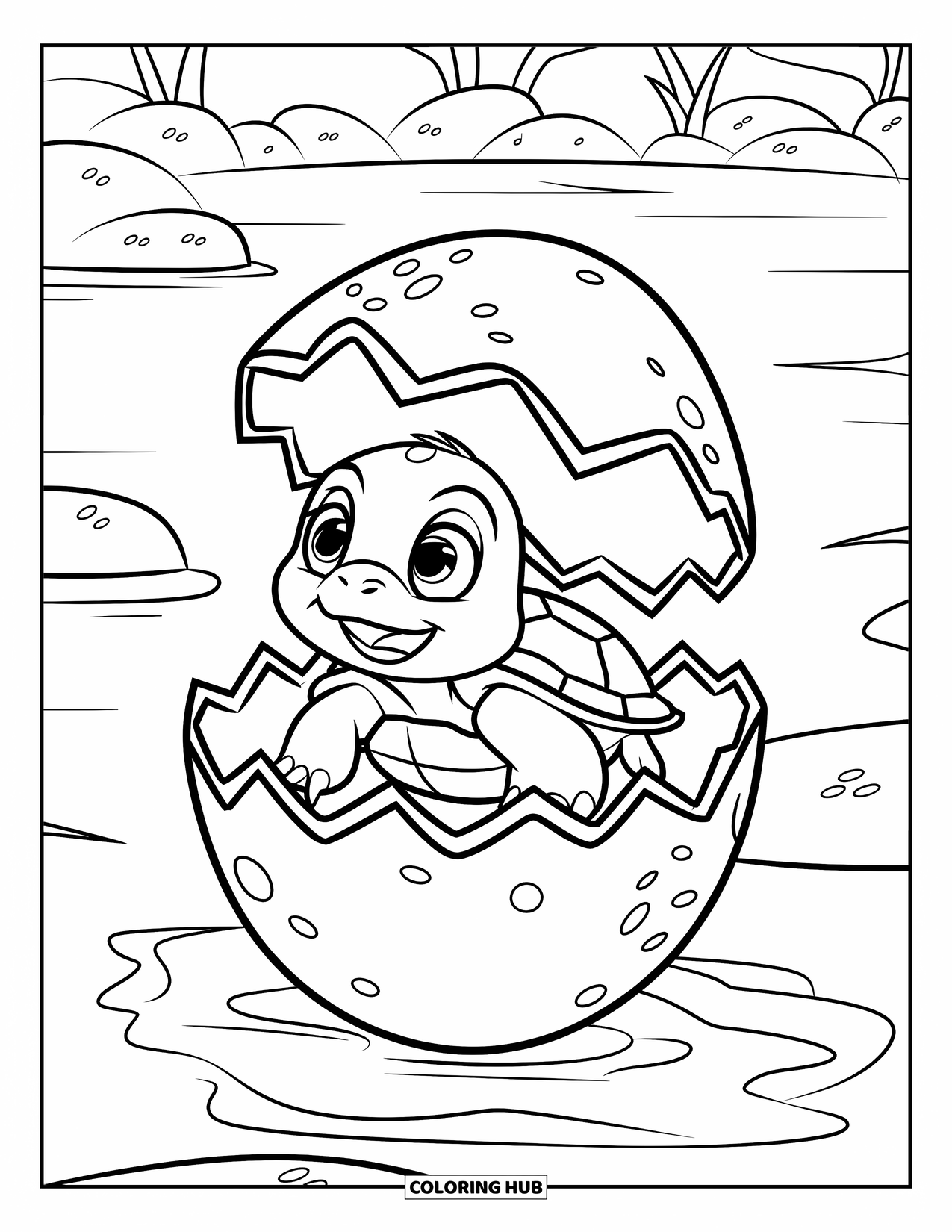 Kolorowanka z żółwiem dla dzieci: Mały żółwik wykluwa się ze skorupy, a za nim rozciąga się spokojne jezioro i zieleń