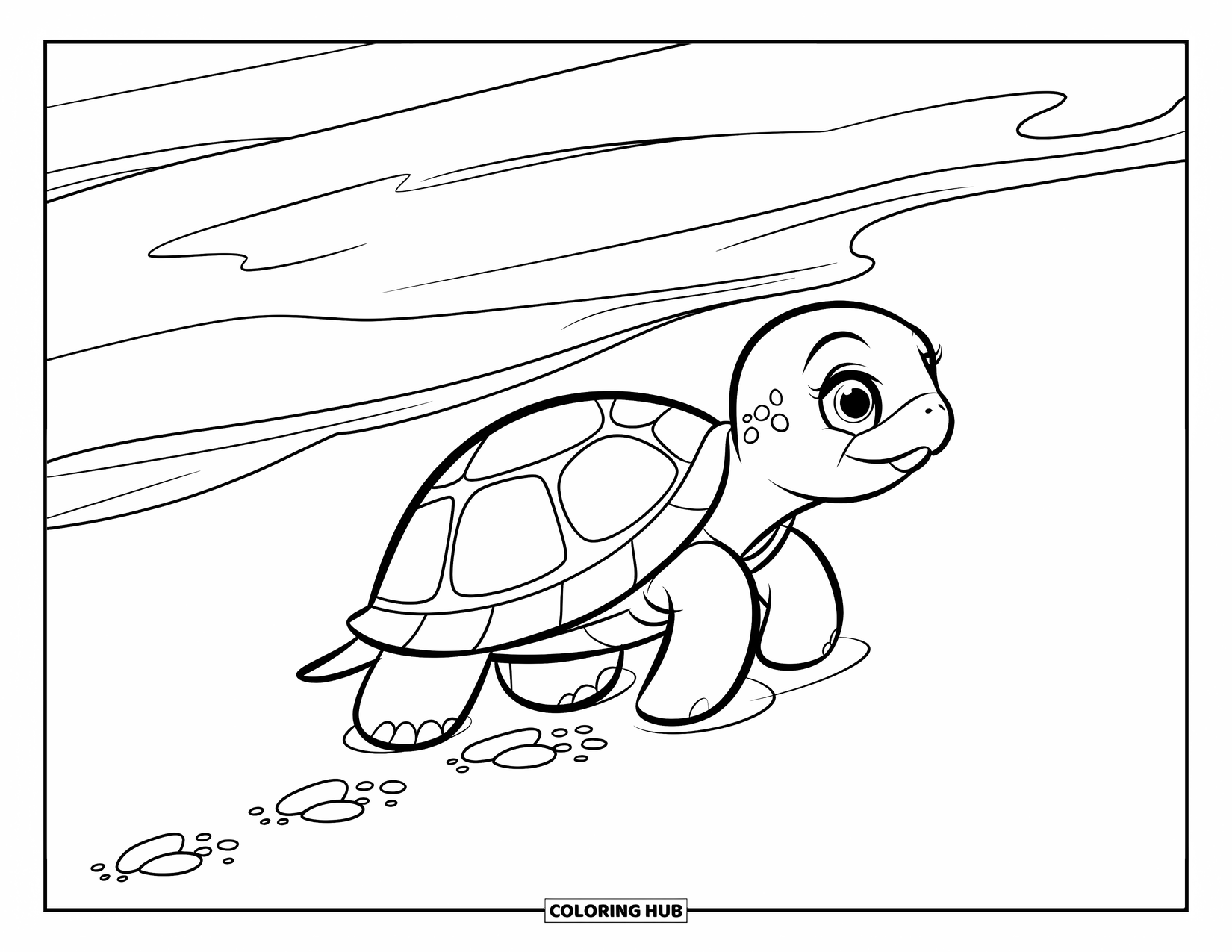 Kolorowanka z żółwiem dla dzieci: Mały żółwik zostawia drobne ślady na piasku, zmierzając w kierunku fal oceanu
