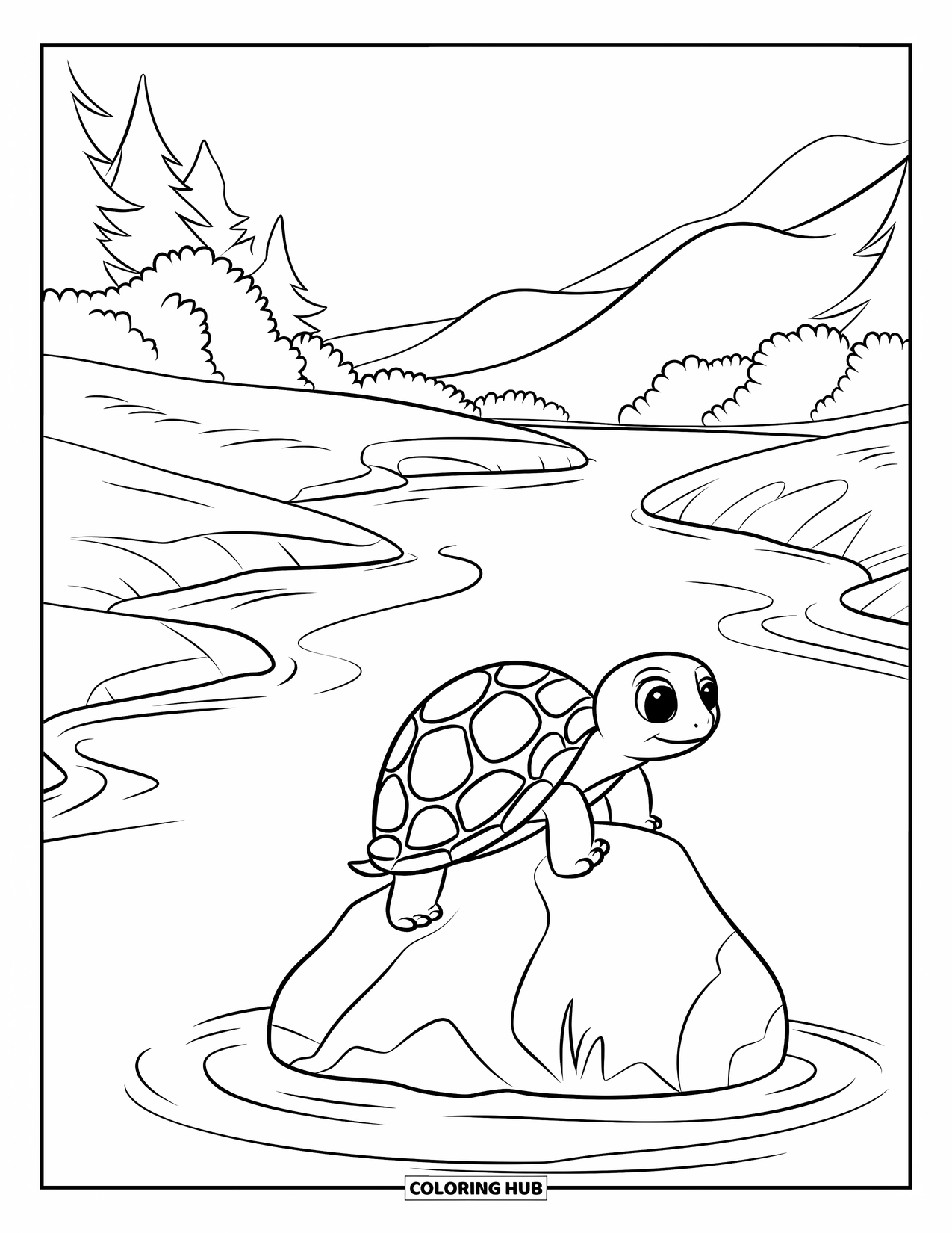 Kolorowanka z żółwiem dla dzieci: Wesoły żółw wspina się na skałę, a rzeka spokojnie płynie wokół niego