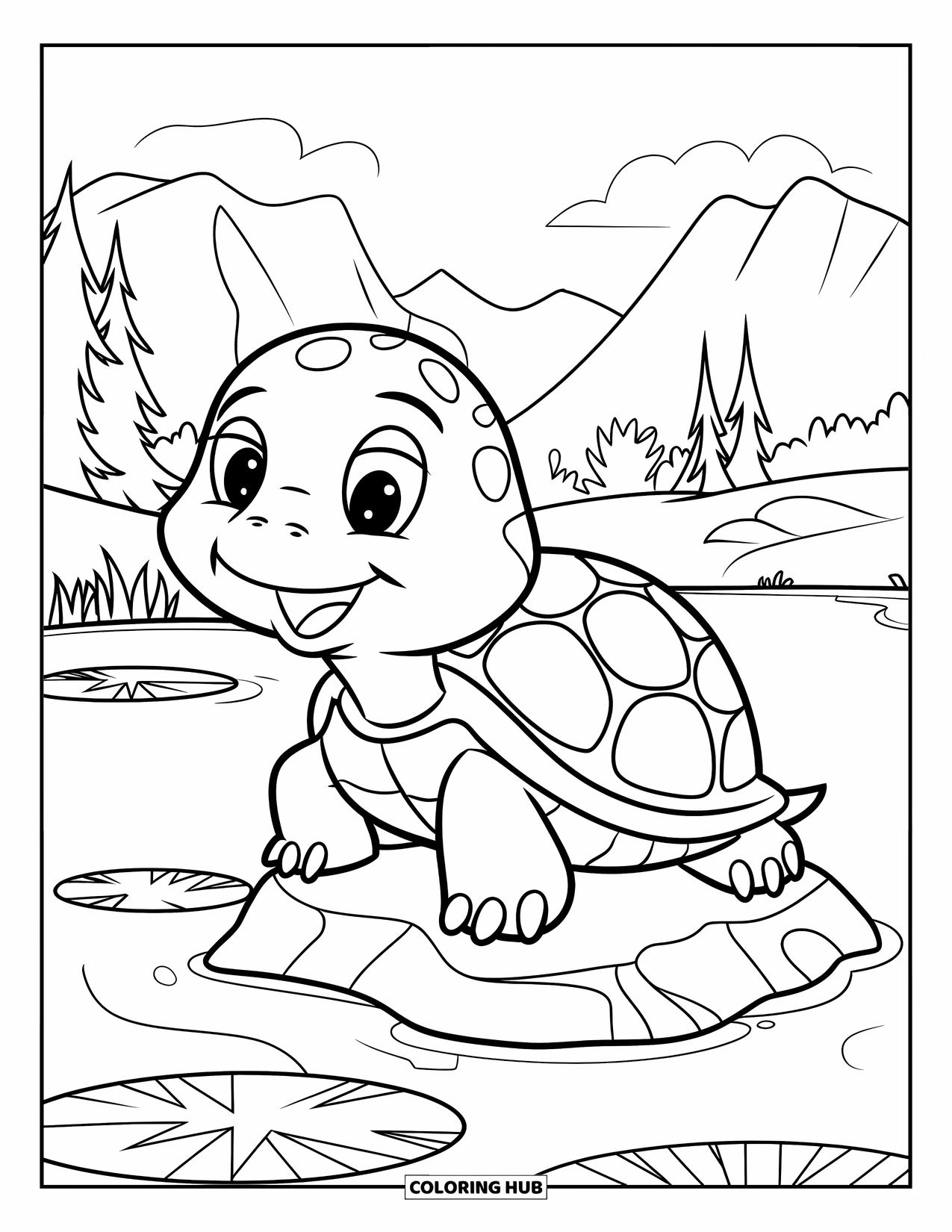 Kolorowanka z żółwiem dla dzieci: Wesoły żółw siedzi na skale w pobliżu lilii wodnych, ciesząc się spokojną scenerią