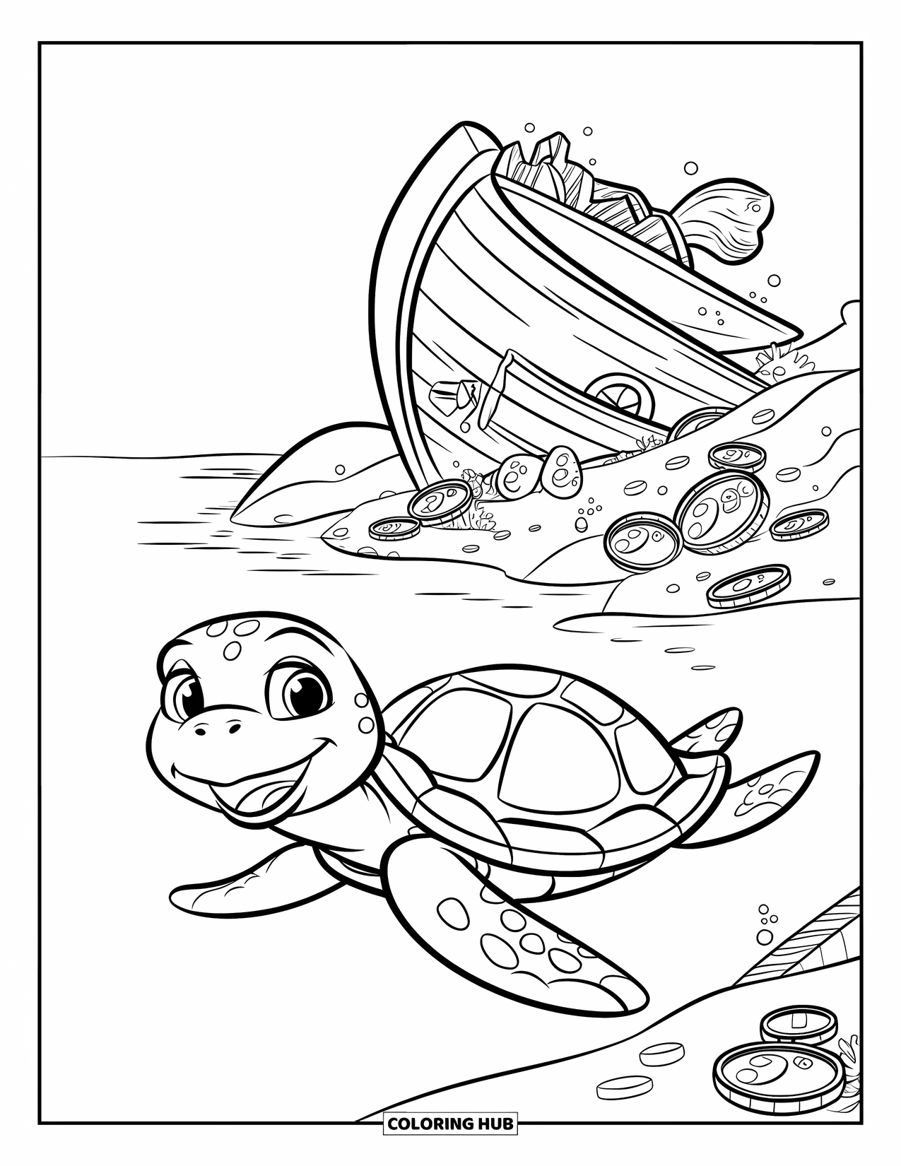 Kolorowanka z żółwiem dla dzieci: Wesoły żółw w pirackim kapeluszu przepływa obok wraku statku z rozrzuconymi złotymi monetami