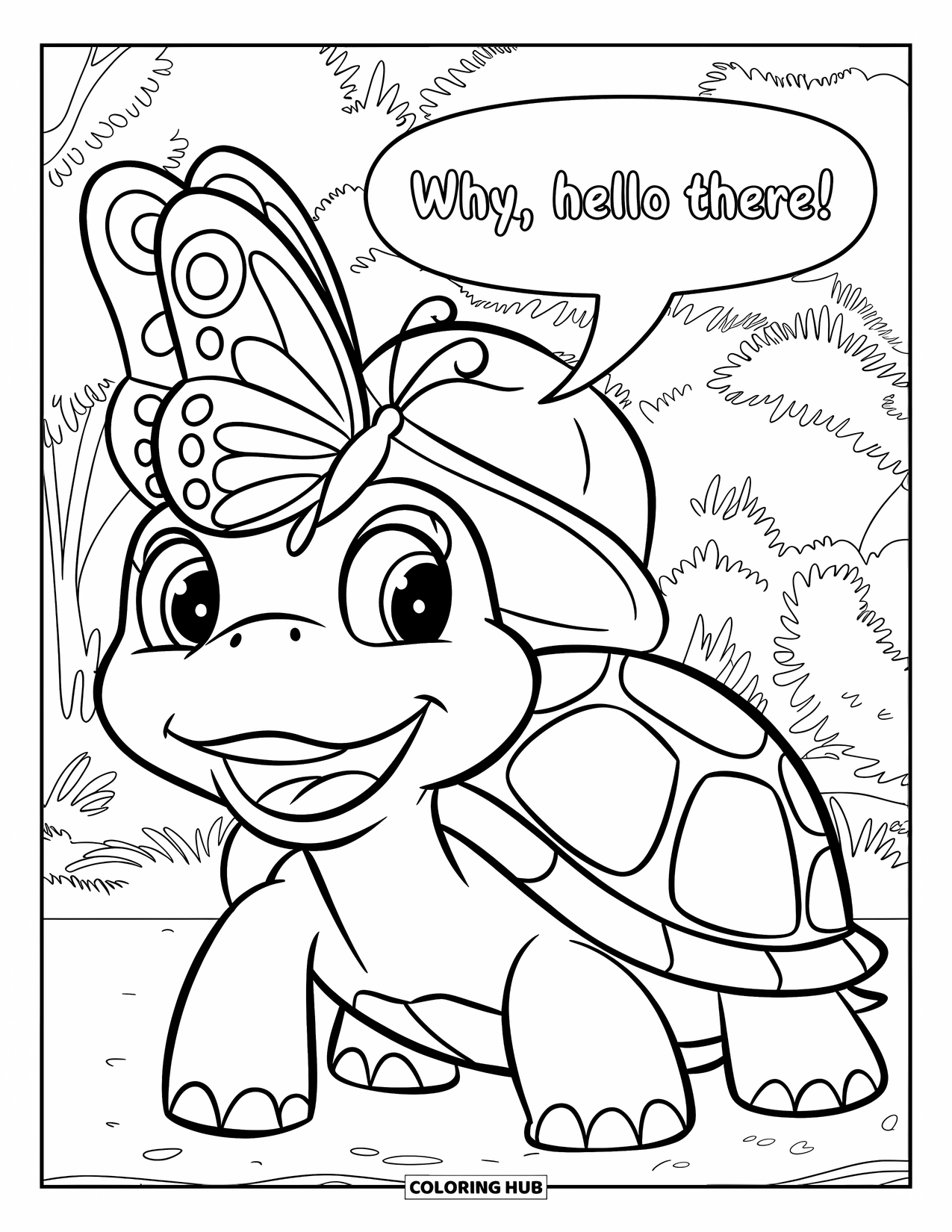 Kolorowanka z żółwiem dla dzieci: Wesoły żółw w kapeluszu wita motyla w bujnym zielonym lesie