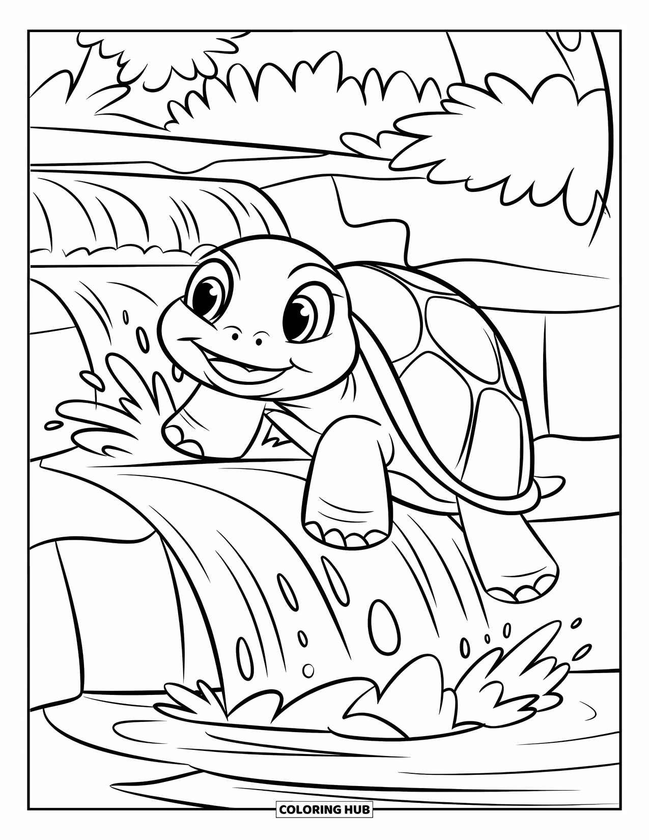 Kolorowanka z żółwiem dla dzieci: Zdeterminowany żółw wspina się na mały wodospad, a woda rozpryskuje się wokół jego małych stóp