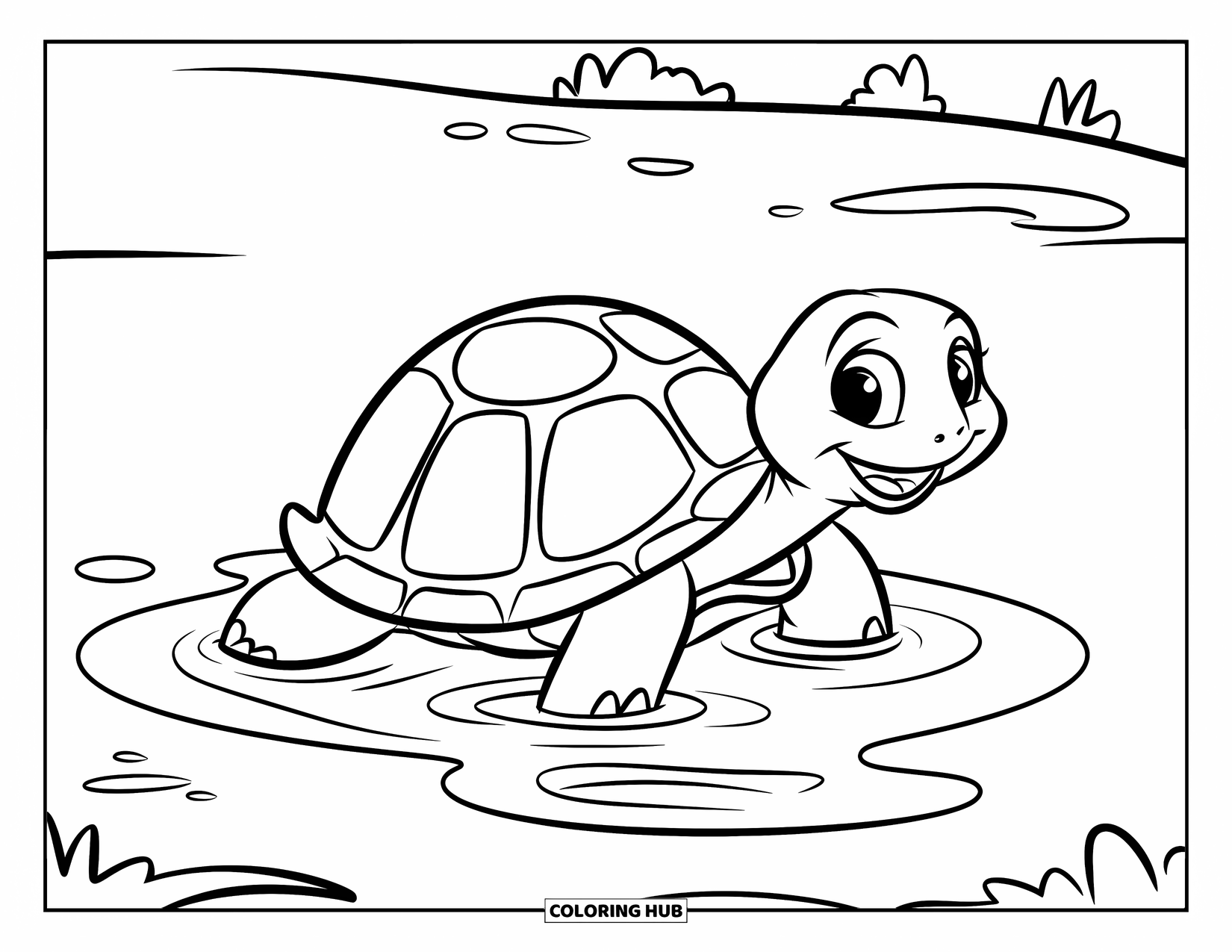 Kolorowanka z żółwiem dla dzieci: Radosny żółw bawi się w kałuży, ciesząc się prostą radością z wody