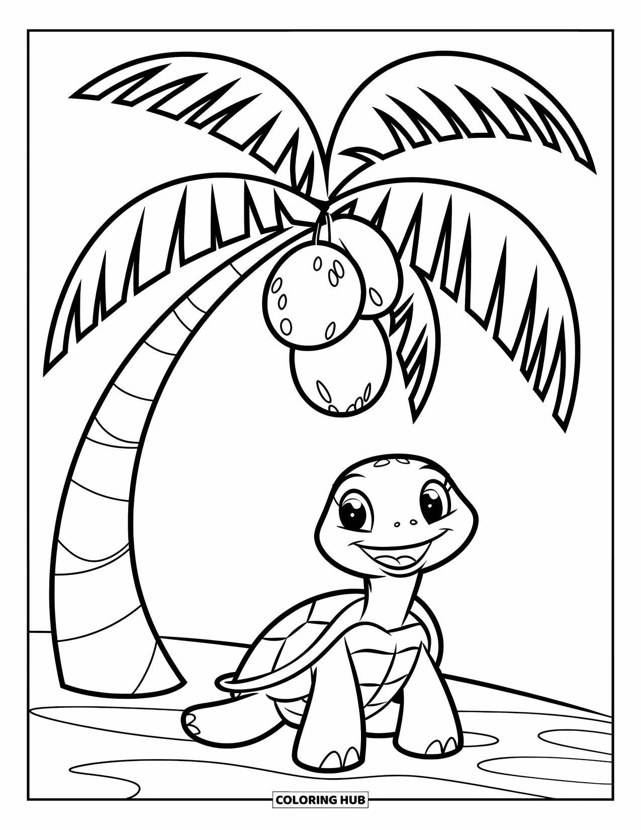Kolorowanka z żółwiem dla dzieci: Radosny żółw odpoczywa pod palmą, ciesząc się bryzą znad plaży