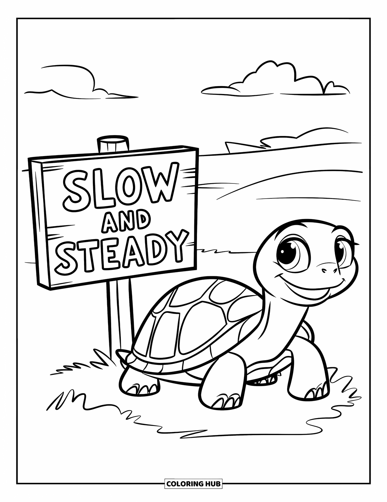 Kolorowanka z żółwiem dla dzieci: Radosny żółw siedzi obok drewnianego znaku na bujnym polu pod pochmurnym niebem