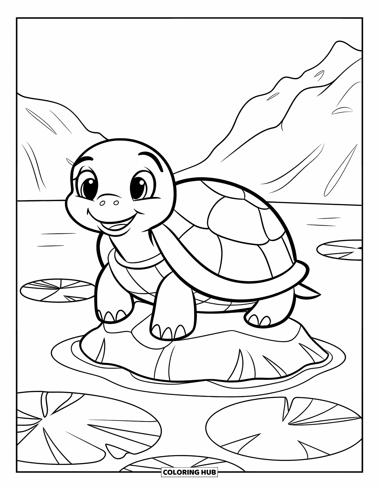 Kolorowanka z żółwiem dla dzieci: Radosny żółw siedzi na skale na środku spokojnego jeziora