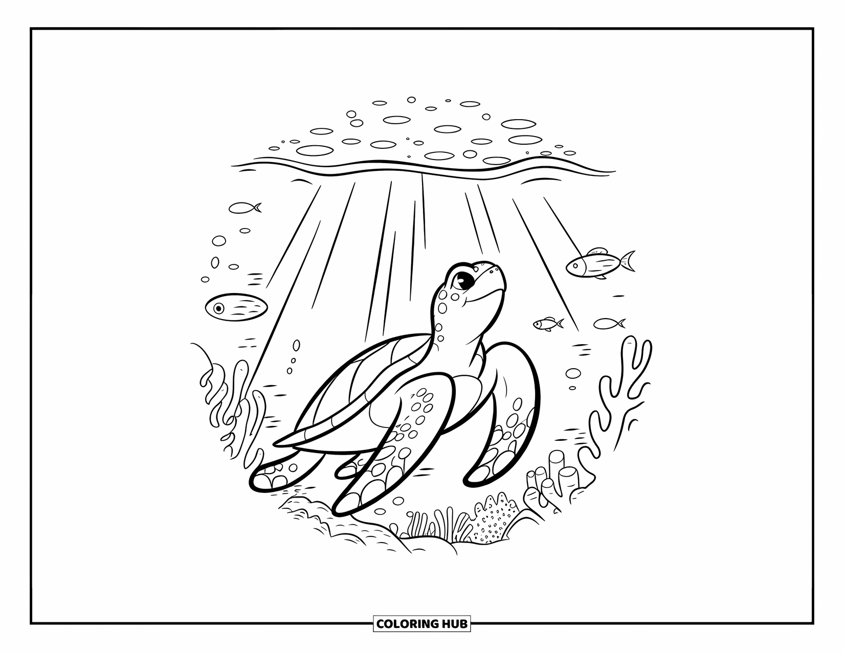 Kolorowanka z żółwiem dla dzieci: Samotny żółw pływa w głębinach oceanu, spoglądając w górę w kierunku oświetlonej słońcem powierzchni