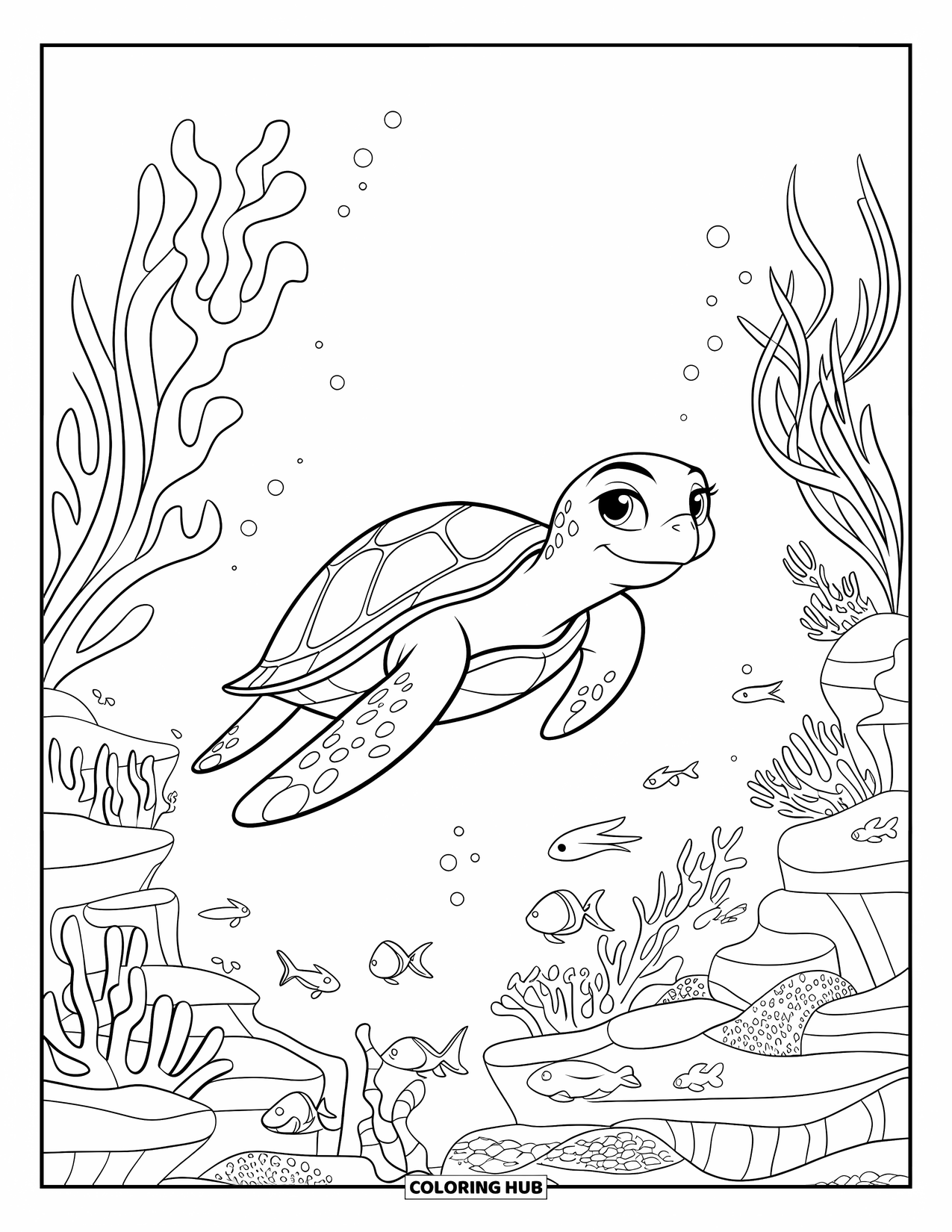 Kolorowanka z żółwiem dla dzieci: Spokojny żółw dryfuje przez rafę koralową, otoczony przez rozgwiazdy i ukwiały