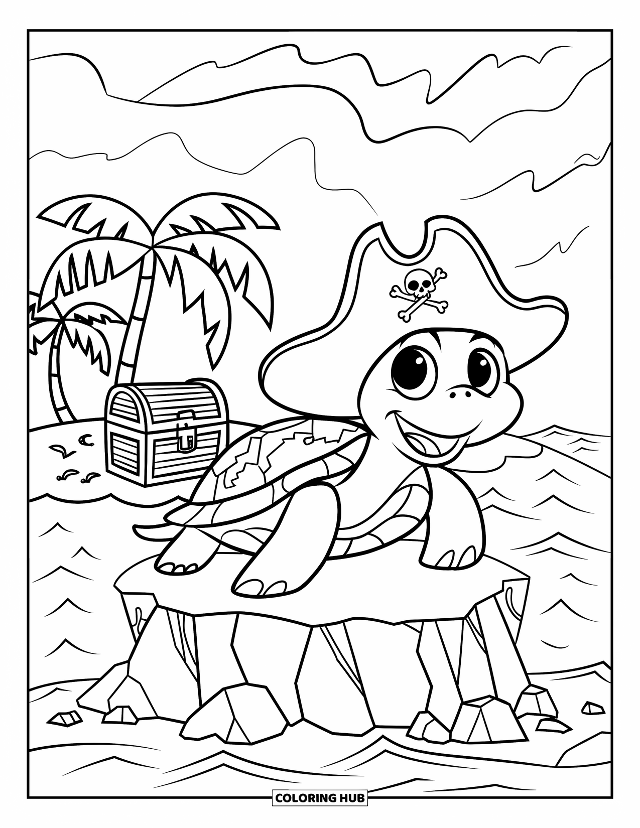 Kolorowanka z żółwiem dla dzieci: Pirat-żółw stoi na małej wyspie w pobliżu skrzyni skarbów i palm