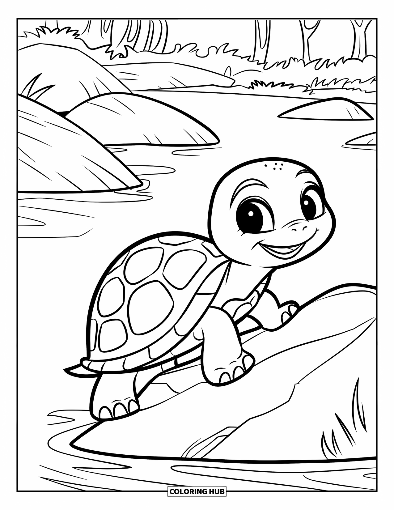 Kolorowanka z żółwiem dla dzieci: Figlarny żółw wspina się na skałę w rzece, otoczony bujnym lasem