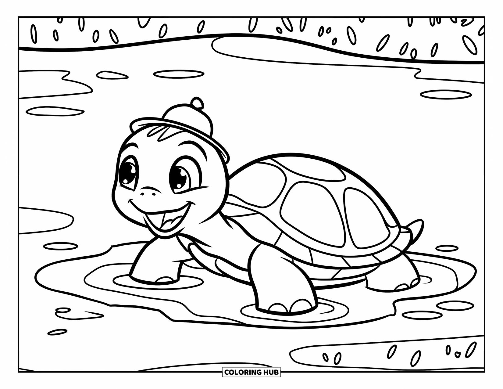 Kolorowanka z żółwiem dla dzieci: Figlarny żółw pluska się w kałuży, tworząc delikatne fale w wodzie