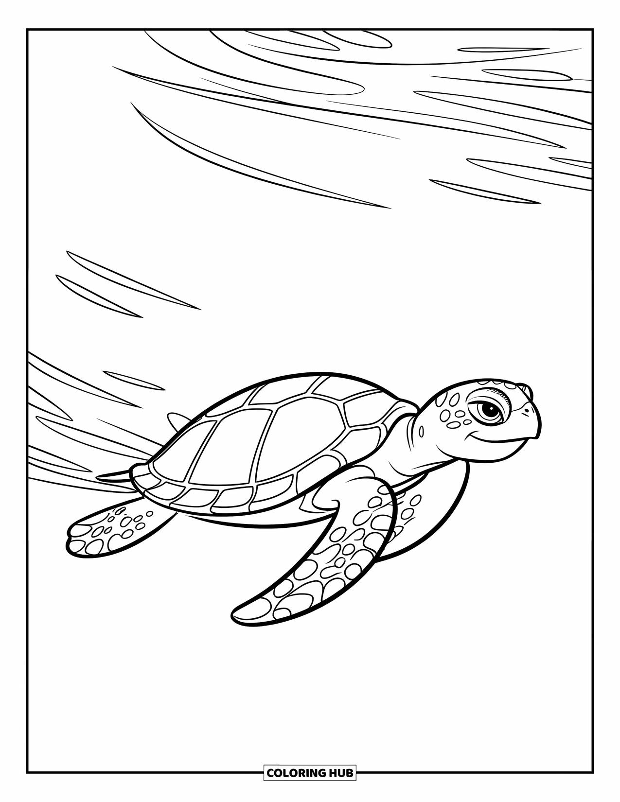 Kolorowanka z żółwiem dla dzieci: Żółw morski płynie przez ocean, pozostawiając za sobą delikatne fale