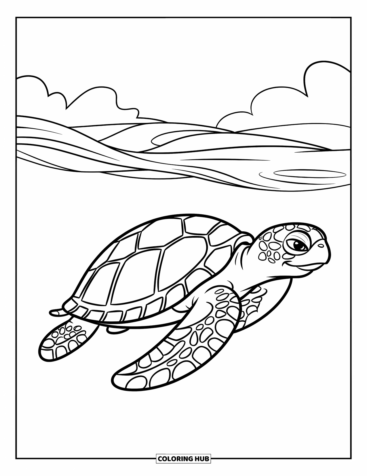 Kolorowanka z żółwiem dla dzieci: Żółw morski porusza się z gracją w wodzie, a za nim falują fale