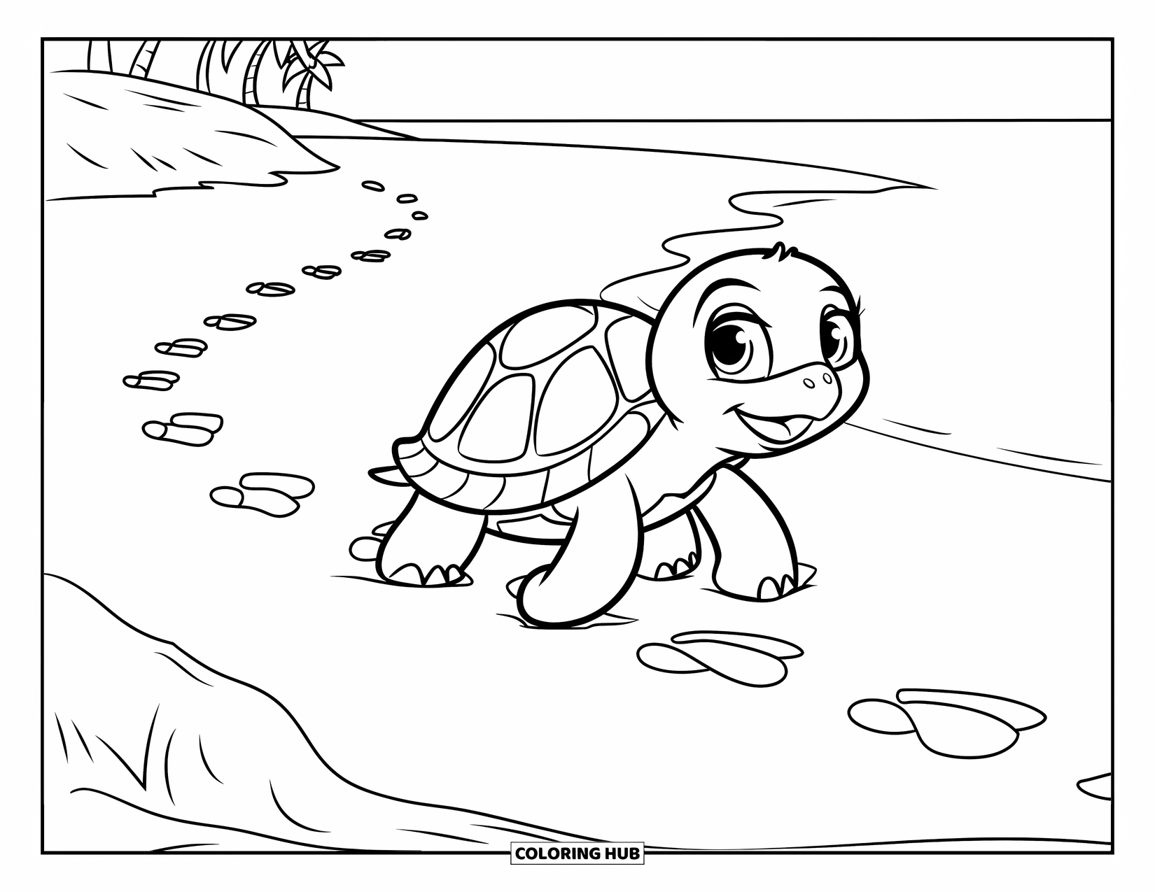 Kolorowanka z żółwiem dla dzieci: Mały żółw stawia ostrożne kroki po piaszczystym brzegu, kierując się w stronę oceanu