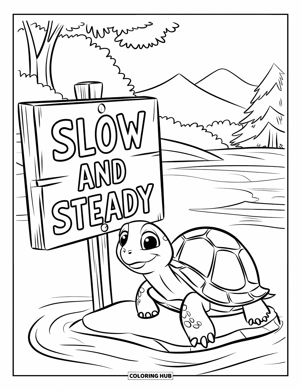 Kolorowanka z żółwiem dla dzieci: Uśmiechnięty żółw siedzi na skale w wodzie, otoczony drzewami i górami