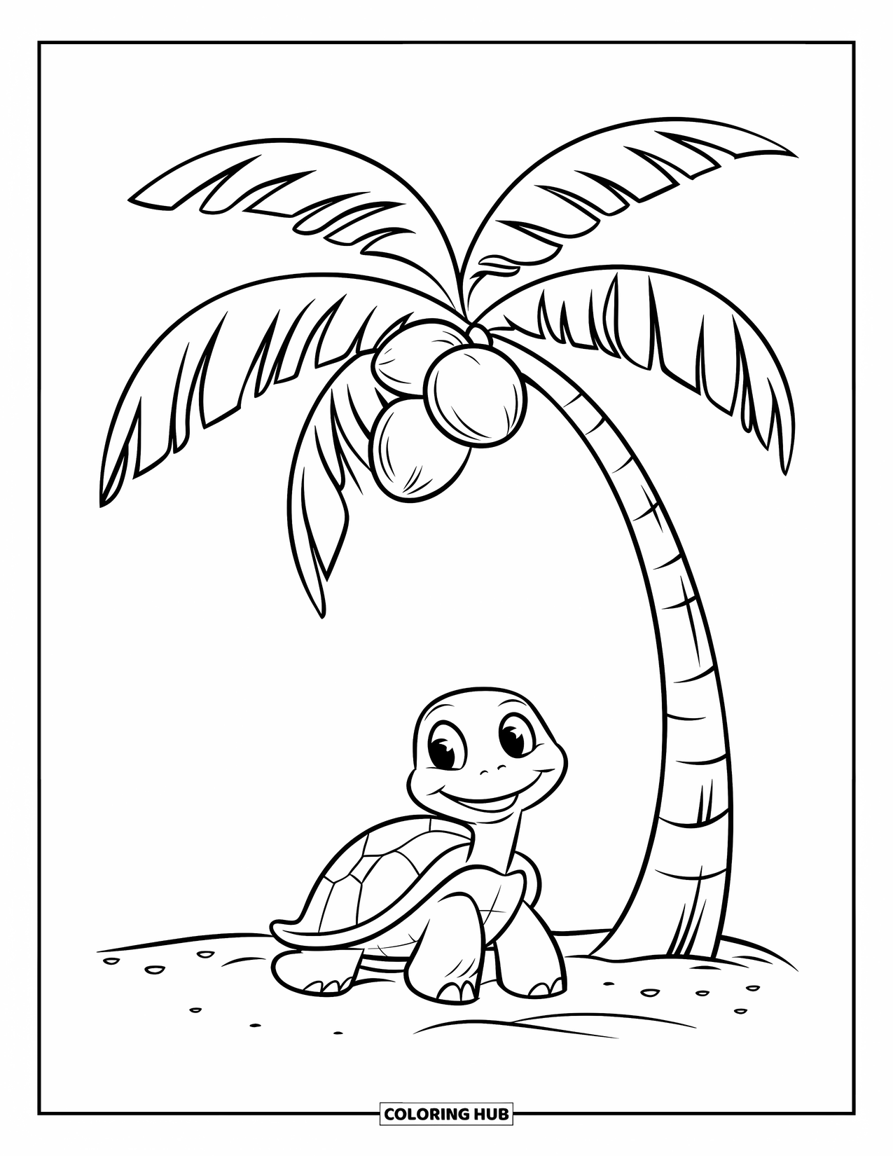 Kolorowanka z żółwiem dla dzieci: Uśmiechnięty żółw siedzi pod palmą na spokojnej piaszczystej plaży