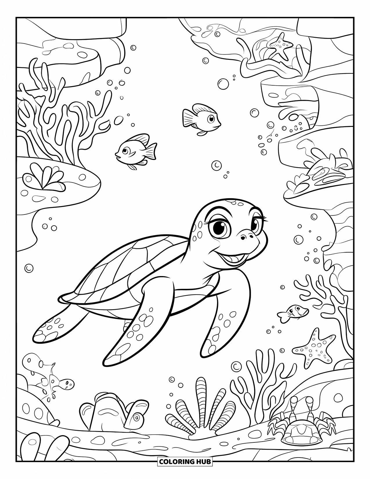 Kolorowanka z żółwiem dla dzieci: Uśmiechnięty żółw pływa przez rafę koralową, otoczony przez rozgwiazdy i kraby