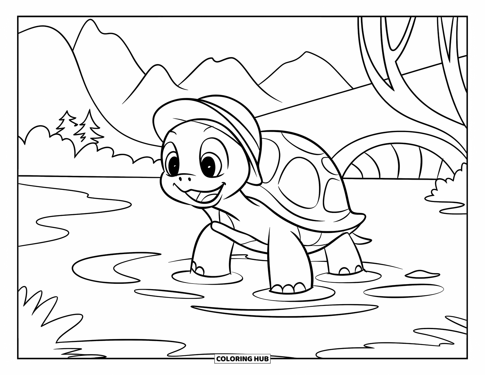 Kolorowanka z żółwiem dla dzieci: Uśmiechnięty żółw w kapeluszu pluska się w kałuży, a wokół niego tworzą się fale