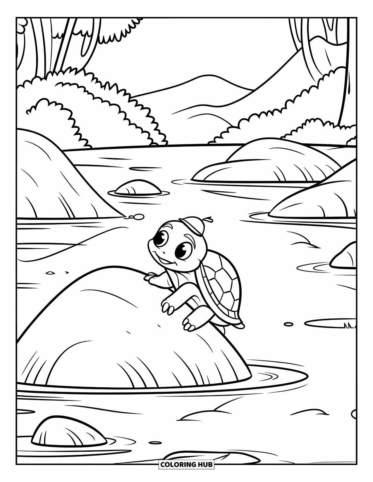 Kolorowanka z żółwiem dla dzieci: Uśmiechnięty żółw z małym kapeluszem wspina się na skałę otoczoną wodą