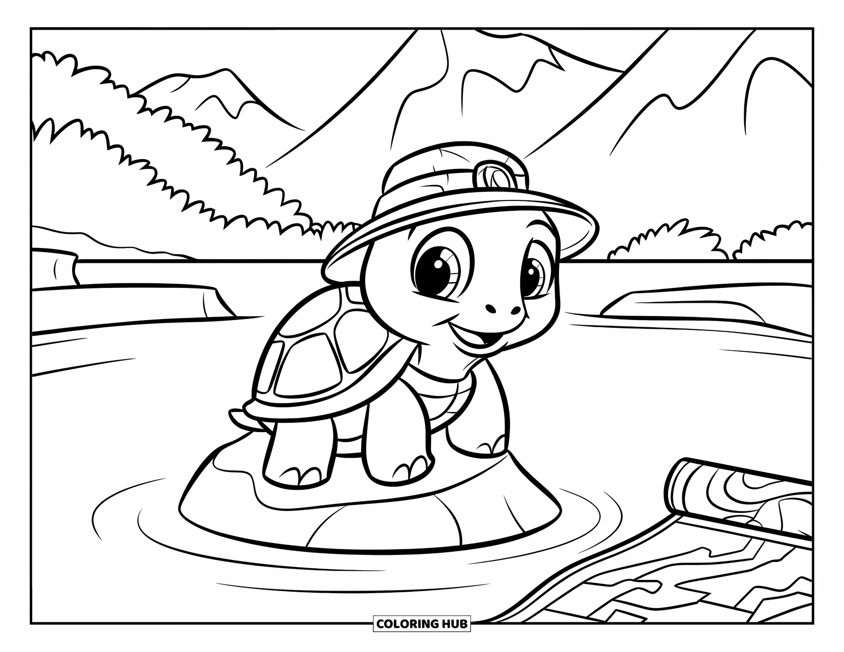 Kolorowanka z żółwiem dla dzieci: Mały żółw-podróżnik odpoczywa na skale, wpatrując się w odległe pasmo górskie