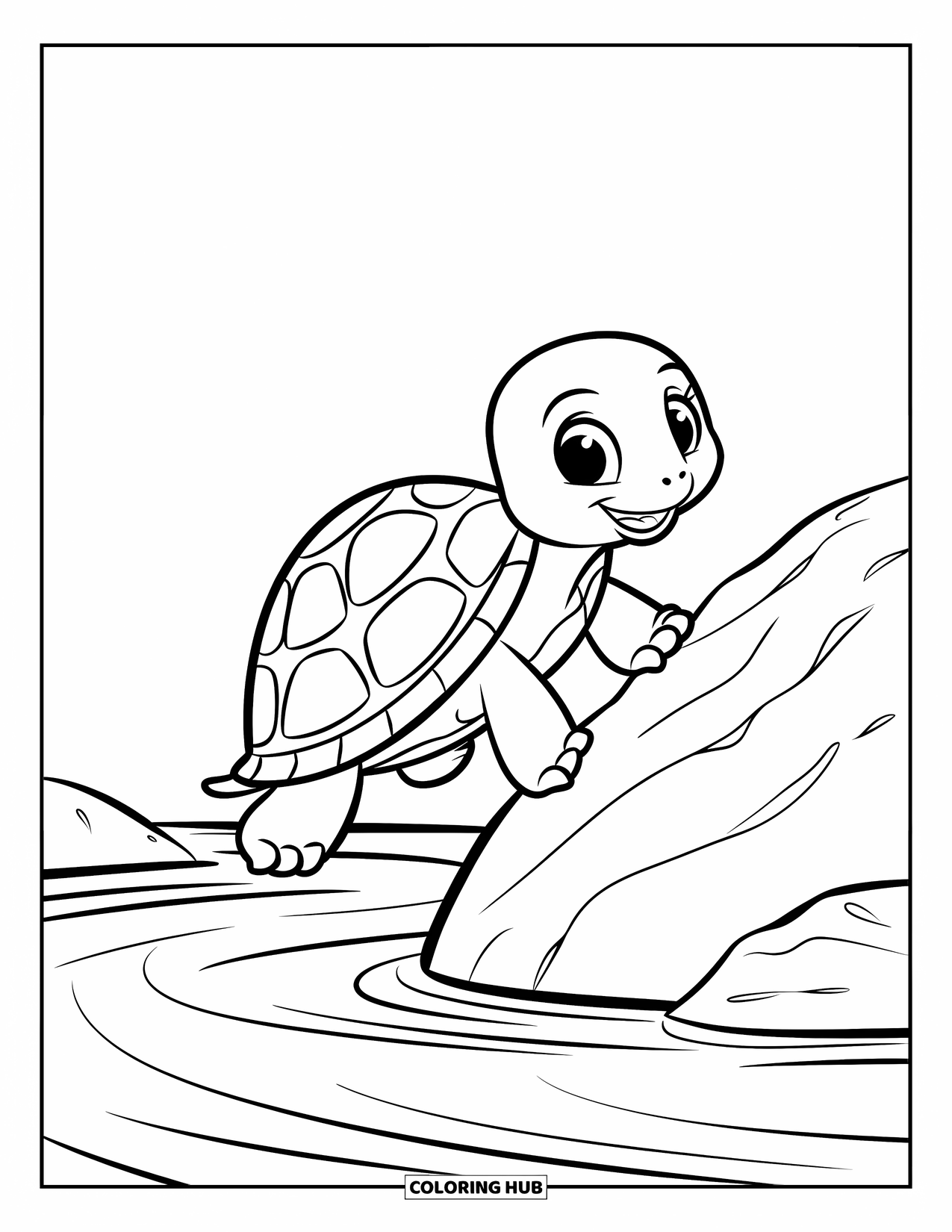 Kolorowanka z żółwiem dla dzieci: Mały żółwik wspina się na skałę w pobliżu łagodnie płynącej rzeki