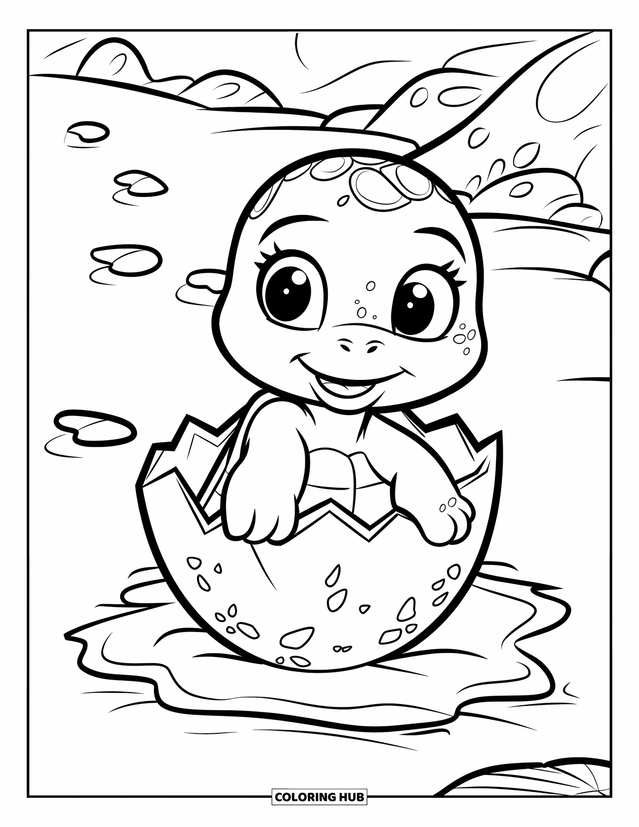 Kolorowanka z żółwiem dla dzieci: Mały żółwik wyłania się ze swojego jaja, otoczony muszelkami na spokojnej plaży