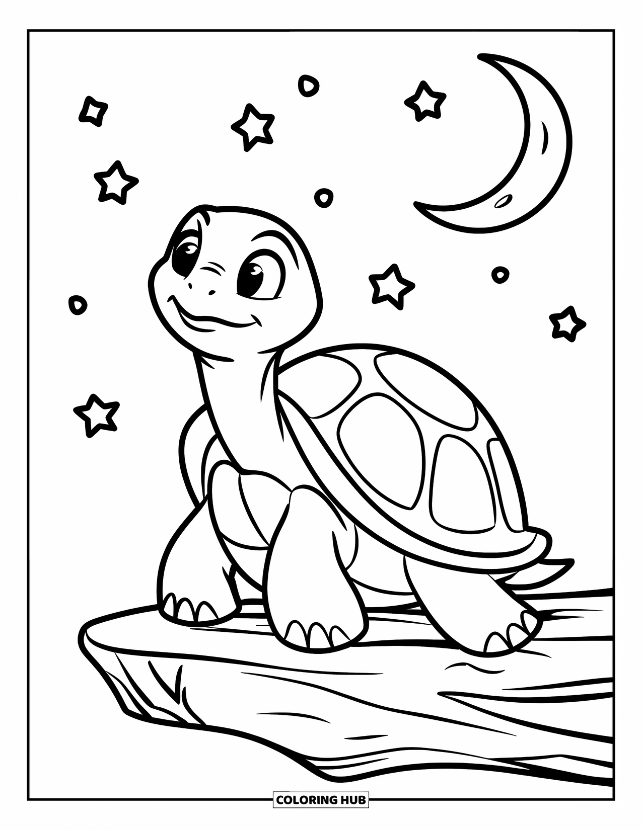 Kolorowanka z żółwiem dla dzieci: Żółw unosi się na dryfującej kłodzie, wpatrując się w gwiazdy na cichym nocnym niebie