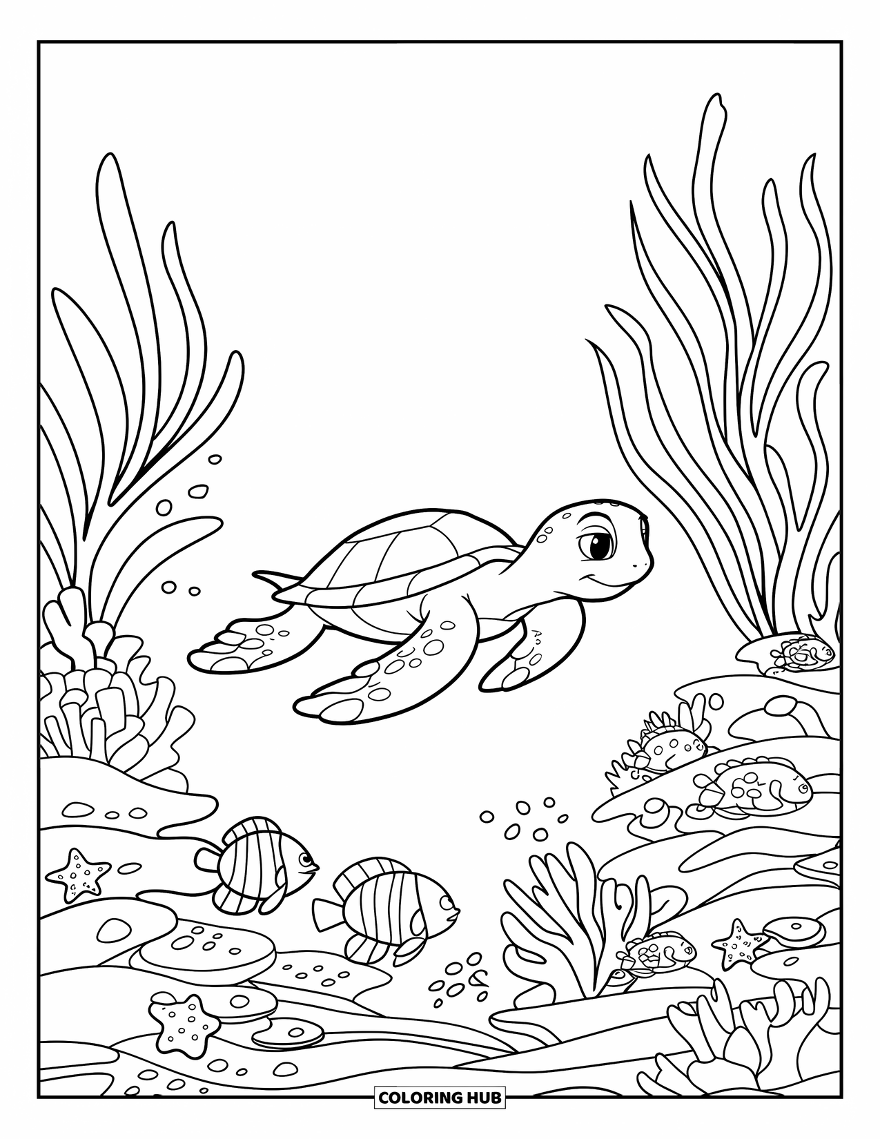 Kolorowanka z żółwiem dla dzieci: Żółw płynie przez tętniącą życiem rafę koralową, mijając kołyszące się rośliny morskie i małe rybki