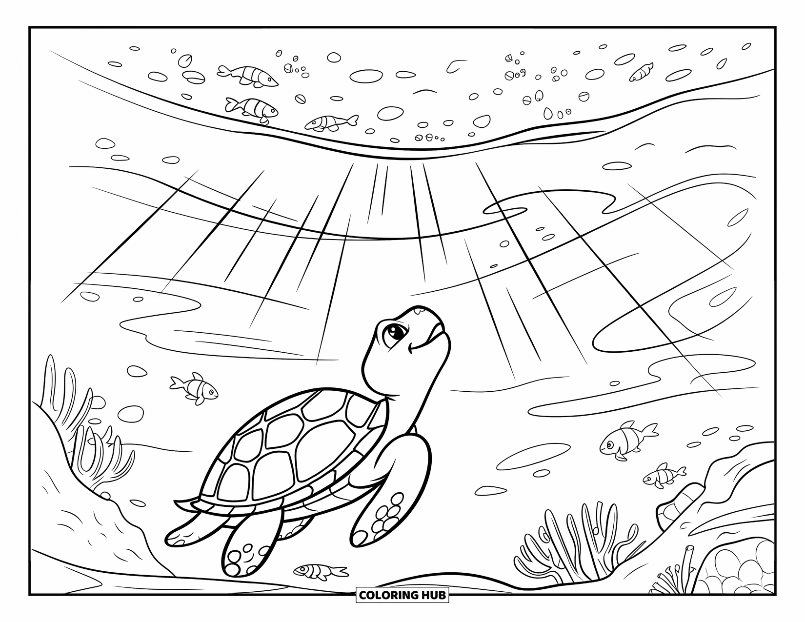 Kolorowanka z żółwiem dla dzieci: Żółw płynie przez wirujące prądy, oświetlony promieniami światła z góry