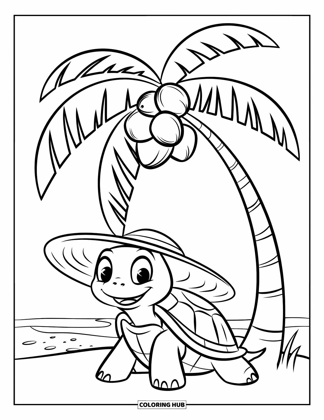 Kolorowanka z żółwiem dla dzieci: Żółw relaksuje się pod palmą, a nad nim wiszą kokosy