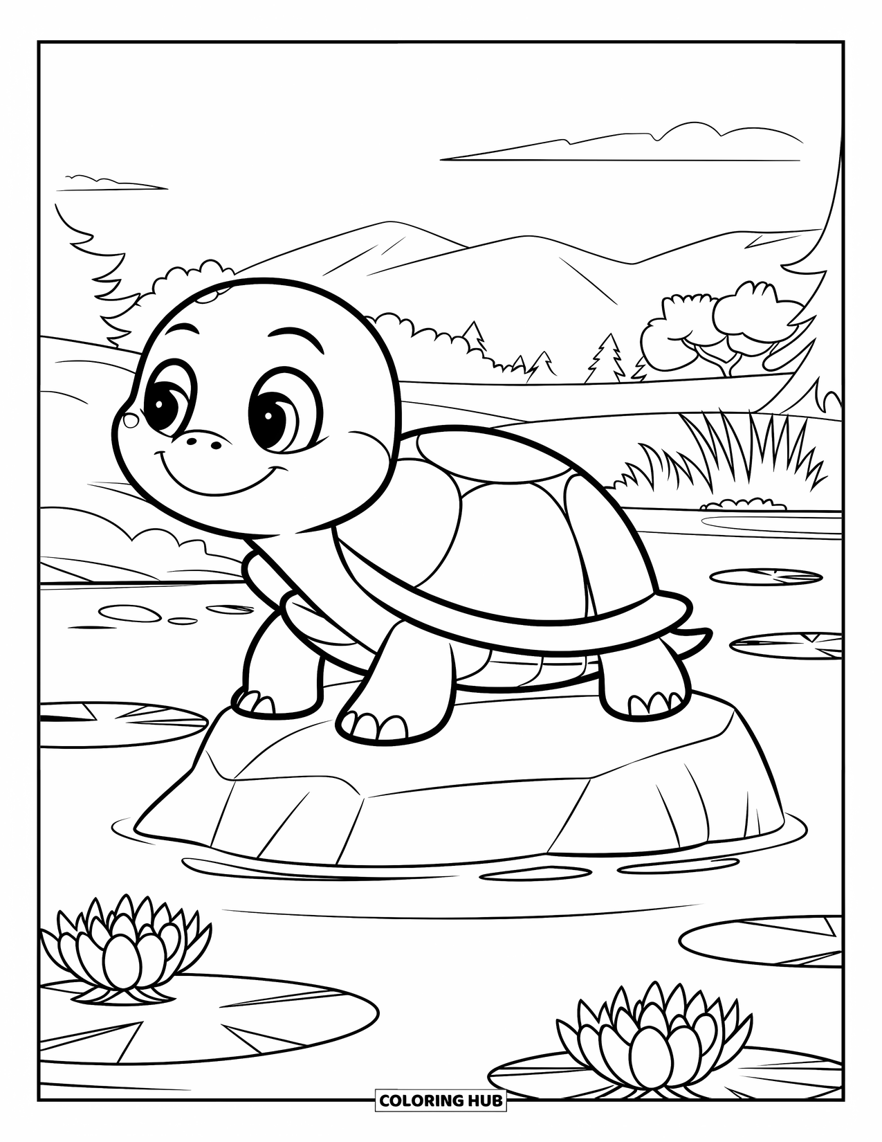 Kolorowanka z żółwiem dla dzieci: Żółw odpoczywa na skale w stawie, otoczony liliami wodnymi i górami