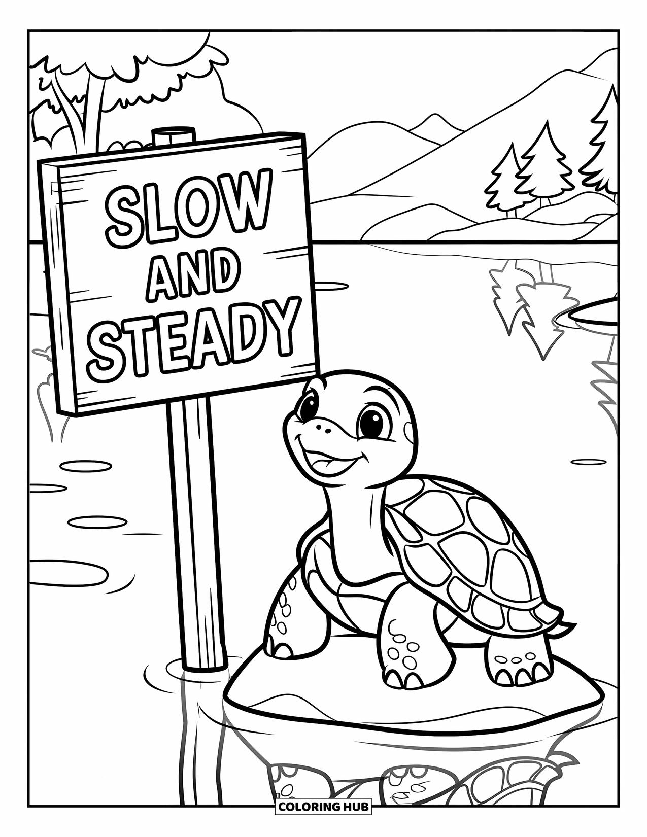 Kolorowanka z żółwiem dla dzieci: Żółw siedzi na skale w spokojnej wodzie, obok znaku z napisem "Powoli, ale skutecznie"