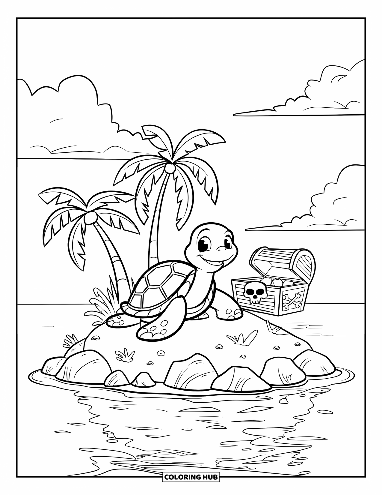 Kolorowanka z żółwiem dla dzieci: Żółw siedzi na wyspie, uśmiechając się obok skrzyni skarbów w pobliżu wody