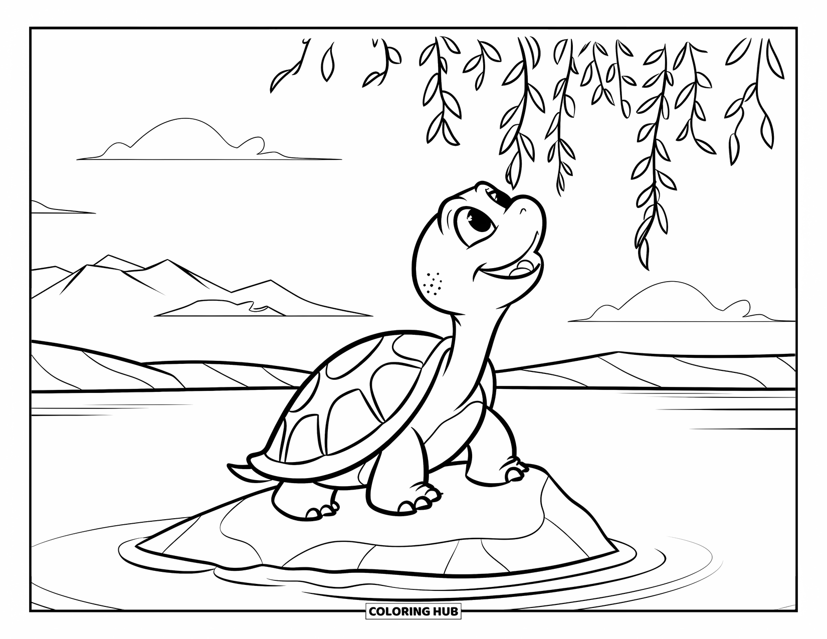 Kolorowanka z żółwiem dla dzieci: Żółw wyciąga się, by złapać pnącze, siedząc na skale w spokojnym jeziorze