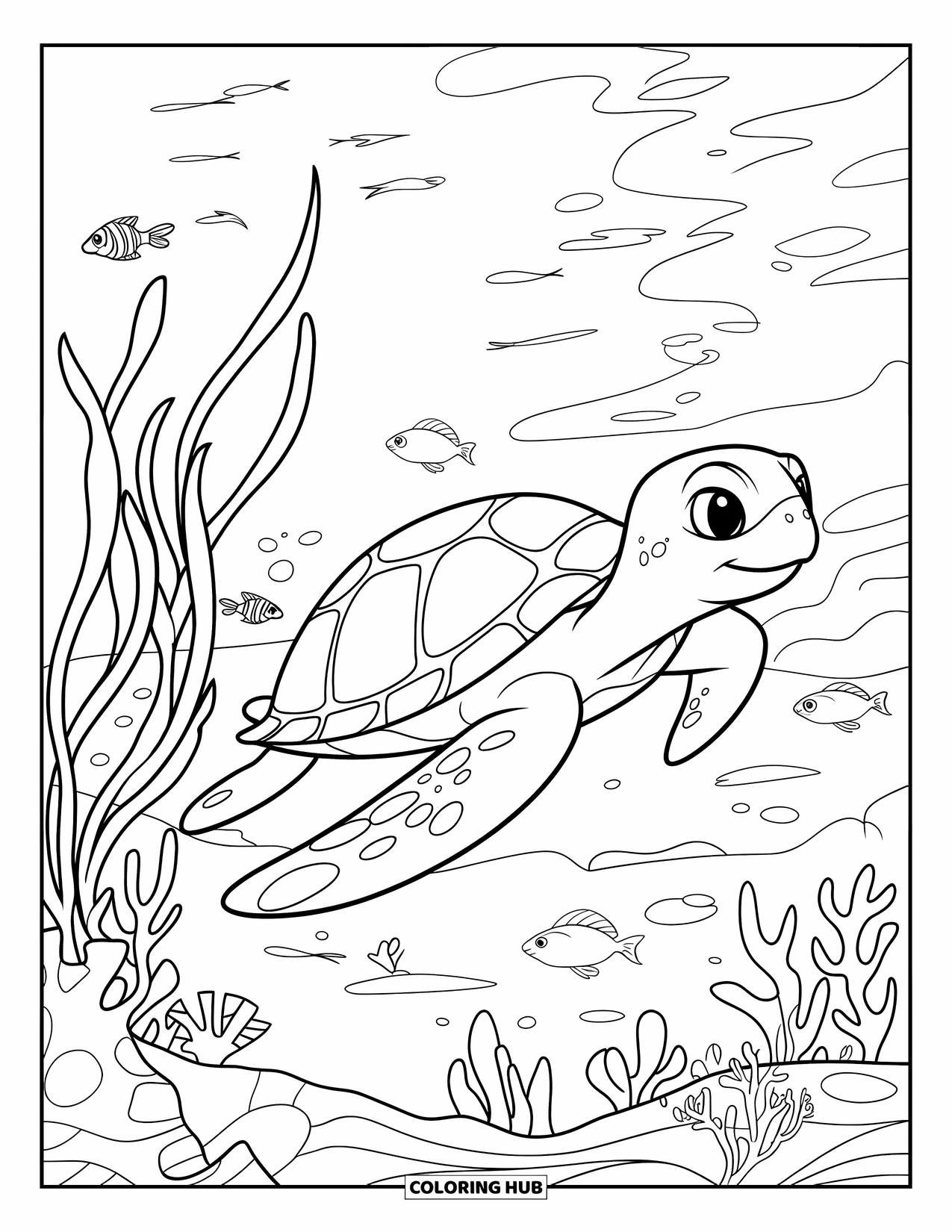 Kolorowanka z żółwiem dla dzieci: Żółw przepływa obok kolorowych koralowców i figlarnych stworzeń morskich w tętniącej życiem rafie