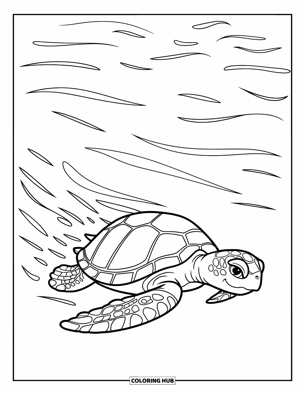 Kolorowanka z żółwiem dla dzieci: Żółw pływa spokojnie na otwartym oceanie, otoczony delikatnymi falami