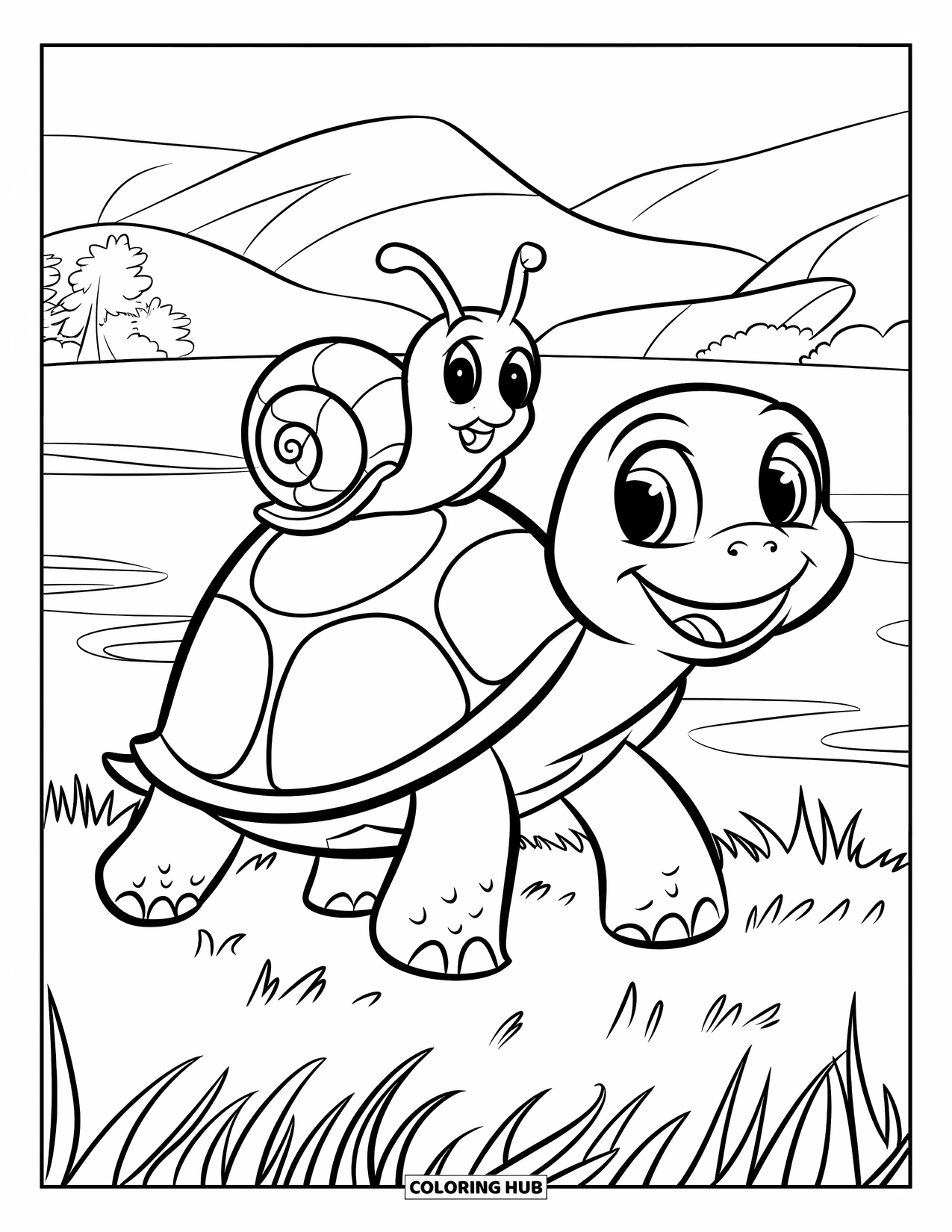 Kolorowanka z żółwiem dla dzieci: Żółw w uroczym kapeluszu nosi małego ślimaka na grzbiecie w spokojnym otoczeniu