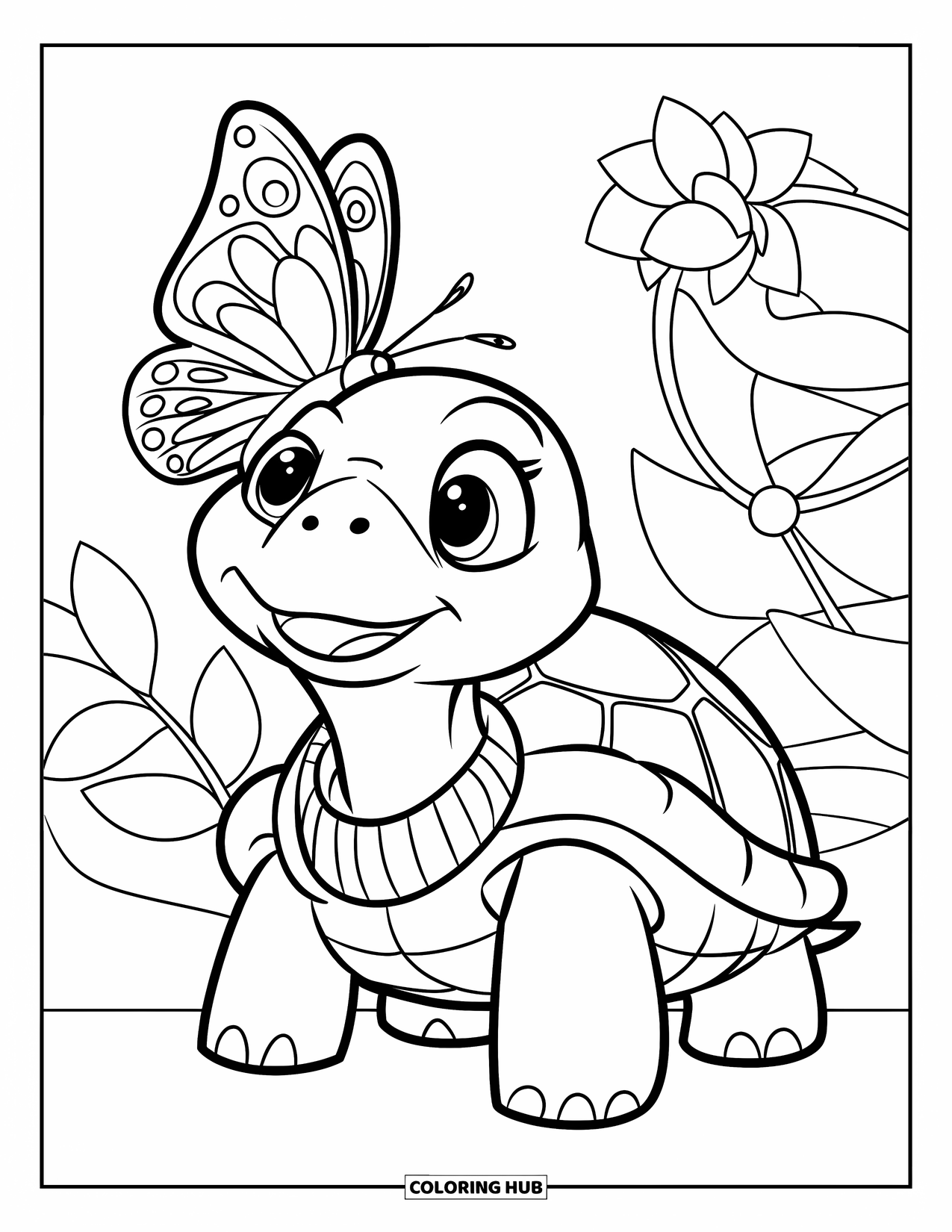 Kolorowanka z żółwiem dla dzieci: Żółw w swetrze patrzy na motyla z kwiatami i liśćmi w tle