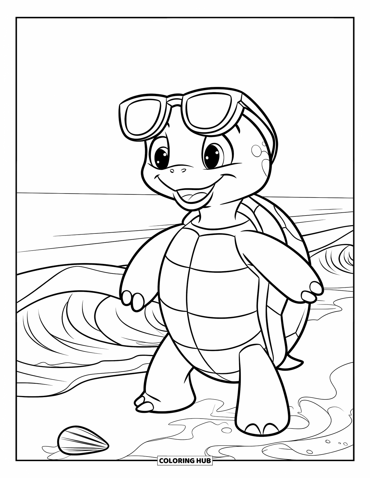 Kolorowanka z żółwiem dla dzieci: Żółw w okularach przeciwsłonecznych stoi na brzegu, wpatrując się w fale oceanu