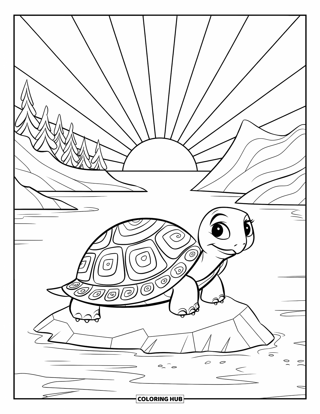 Kolorowanka z żółwiem dla dzieci: Żółw z pięknie wzorzystą skorupą odpoczywa w pobliżu stawu pełnego lotosów i pagody