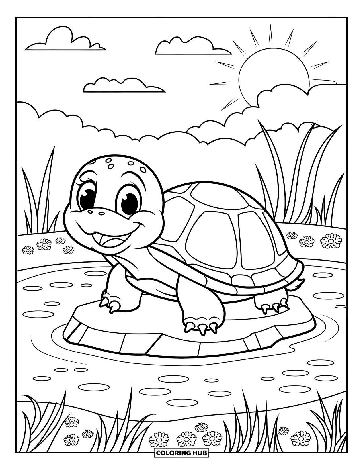 Kolorowanka z żółwiem dla dzieci: Żółw z dużą, okrągłą skorupą odpoczywa na skale w słonecznym stawie