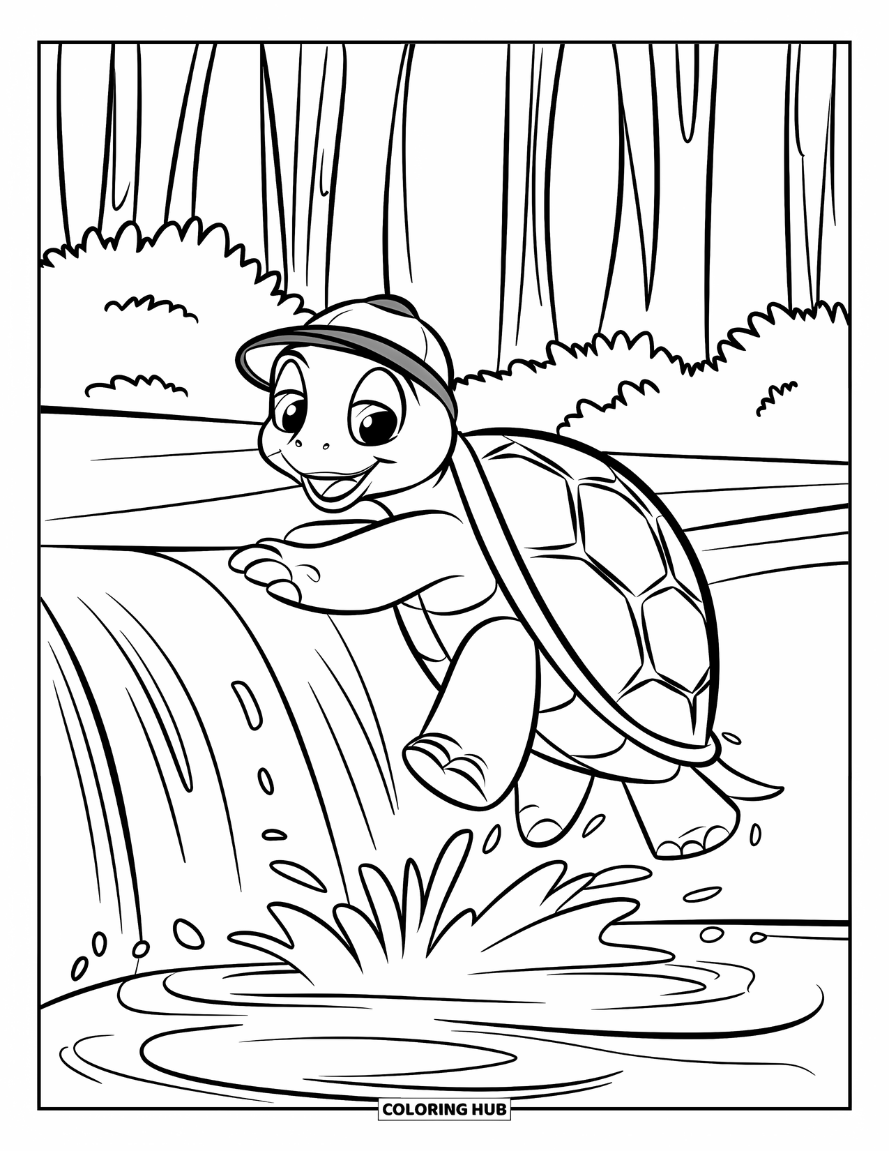 Kolorowanka z żółwiem dla dzieci: Żółw z kapeluszem z jasnego liścia wspina się na kaskadowy wodospad