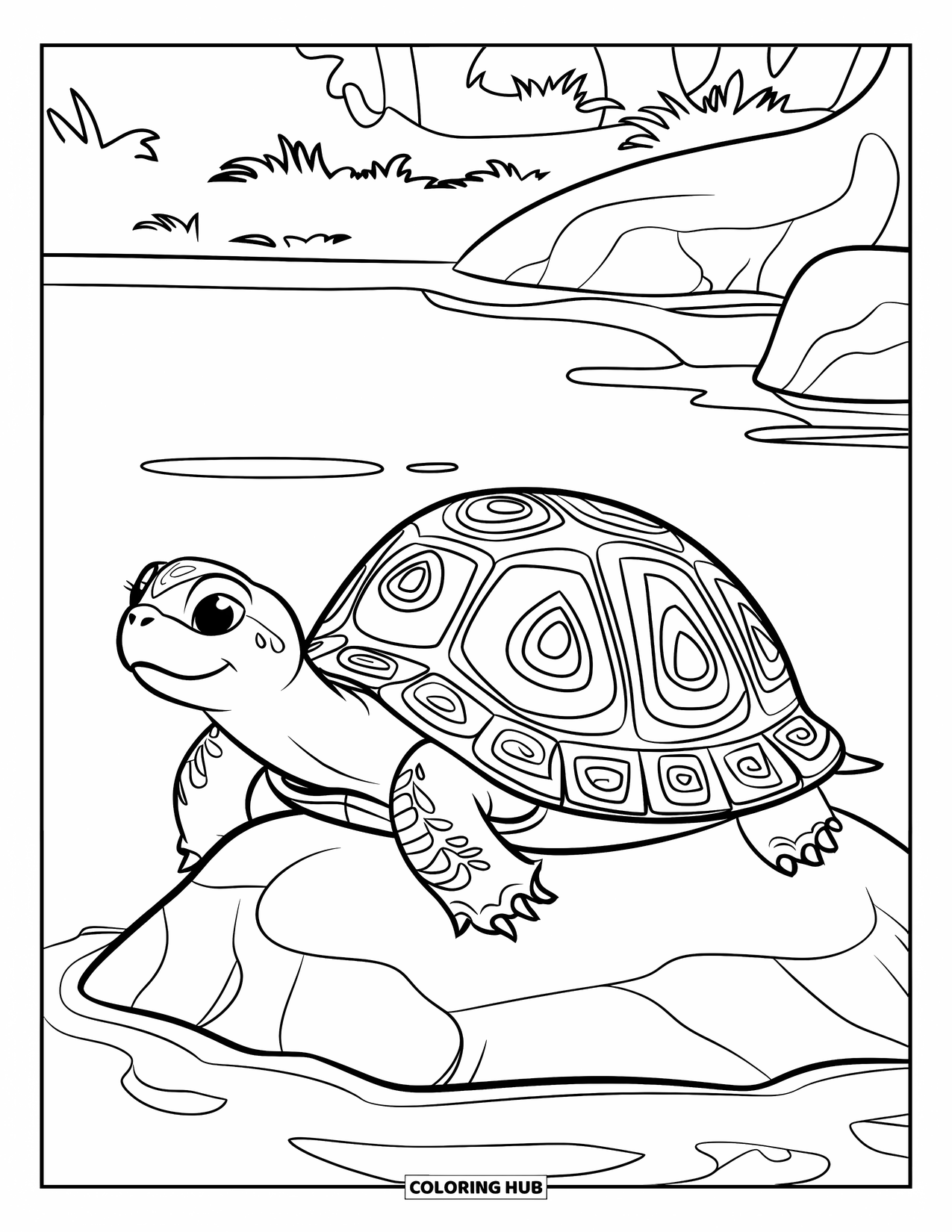 Kolorowanka z żółwiem dla dzieci: Żółw z ozdobioną skorupą wygrzewa się na skale, otoczony cichym, naturalnym krajobrazem